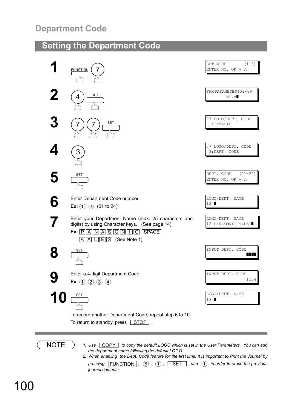 Setting the department code, Department code | Panasonic UF-890/990 User Manual | Page 100 / 170