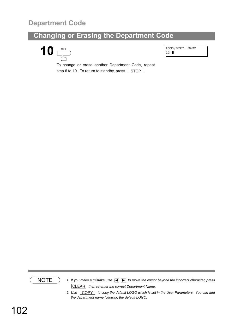 Department code, Changing or erasing the department code | Panasonic UF-890/990 User Manual | Page 102 / 170
