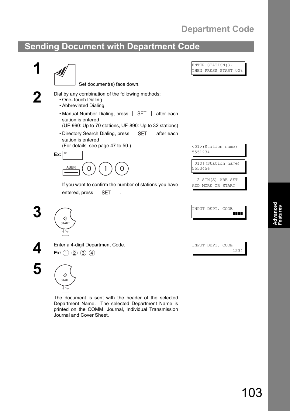 Sending document with department code, Department code | Panasonic UF-890/990 User Manual | Page 103 / 170