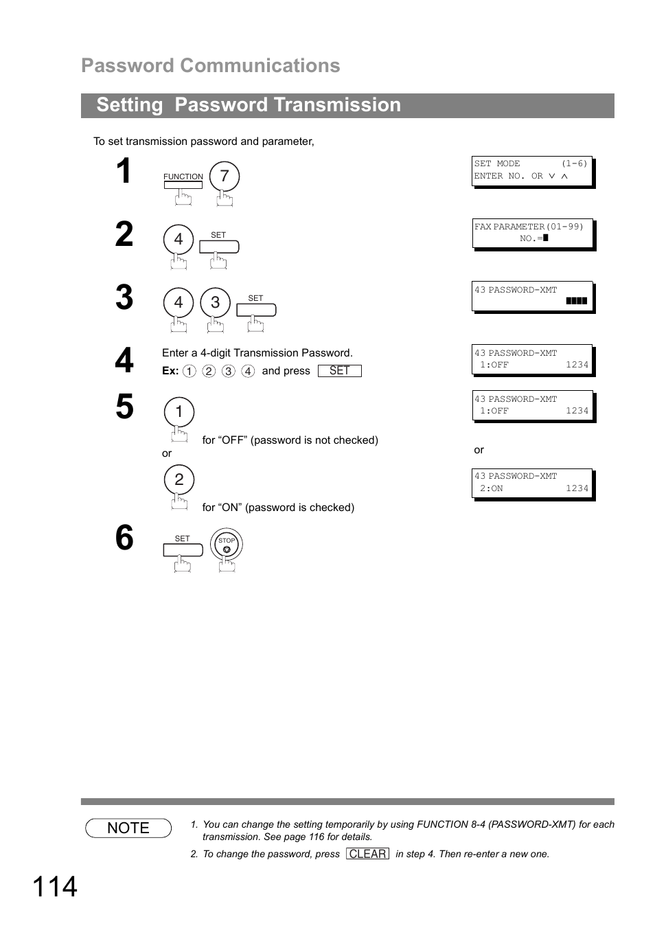 Setting password transmission, Password communications | Panasonic UF-890/990 User Manual | Page 114 / 170