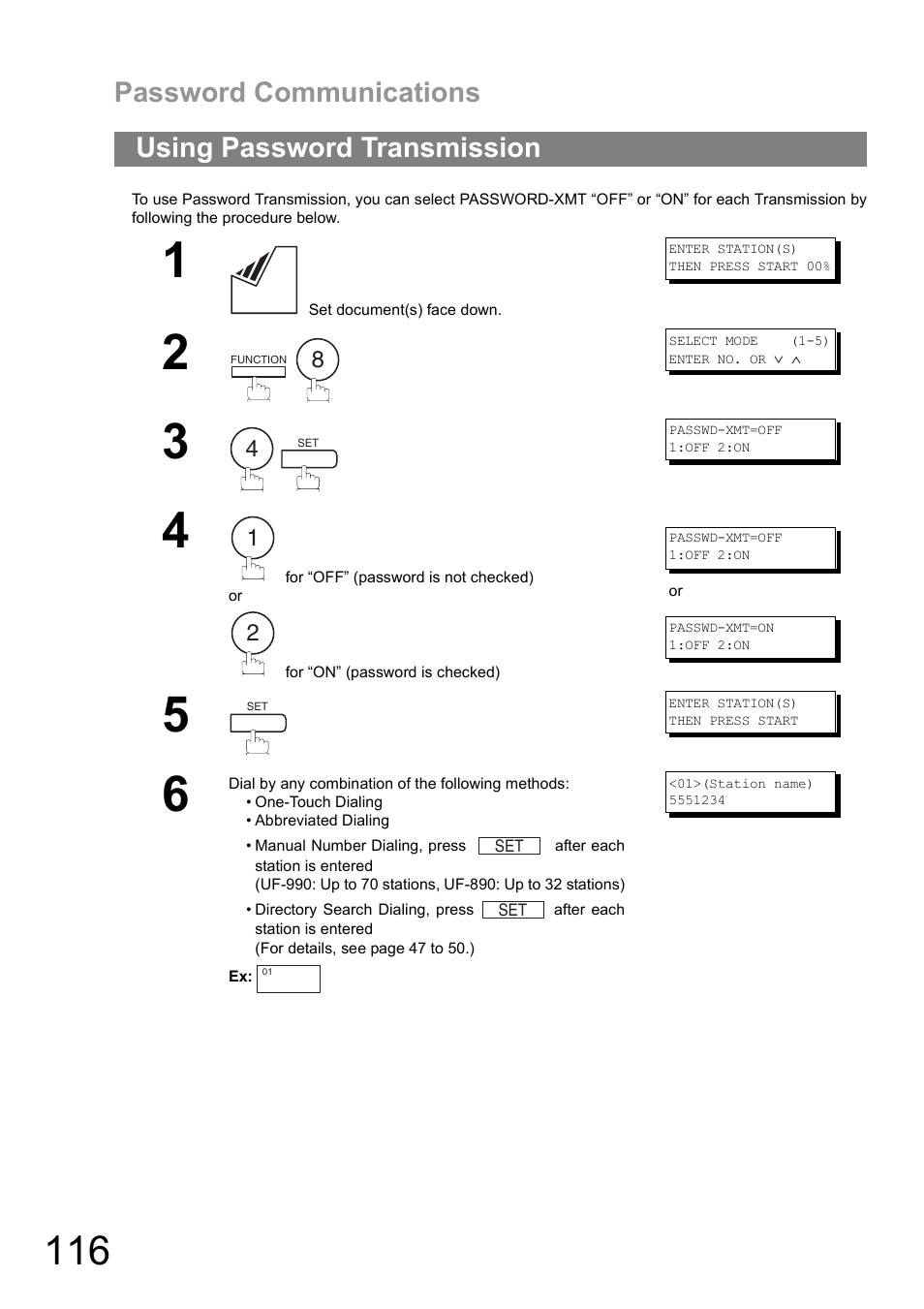 Using password transmission, Password communications | Panasonic UF-890/990 User Manual | Page 116 / 170
