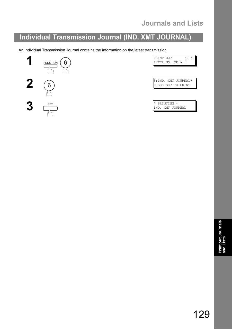 Individual transmission journal (ind. xmt journal), Journals and lists | Panasonic UF-890/990 User Manual | Page 129 / 170