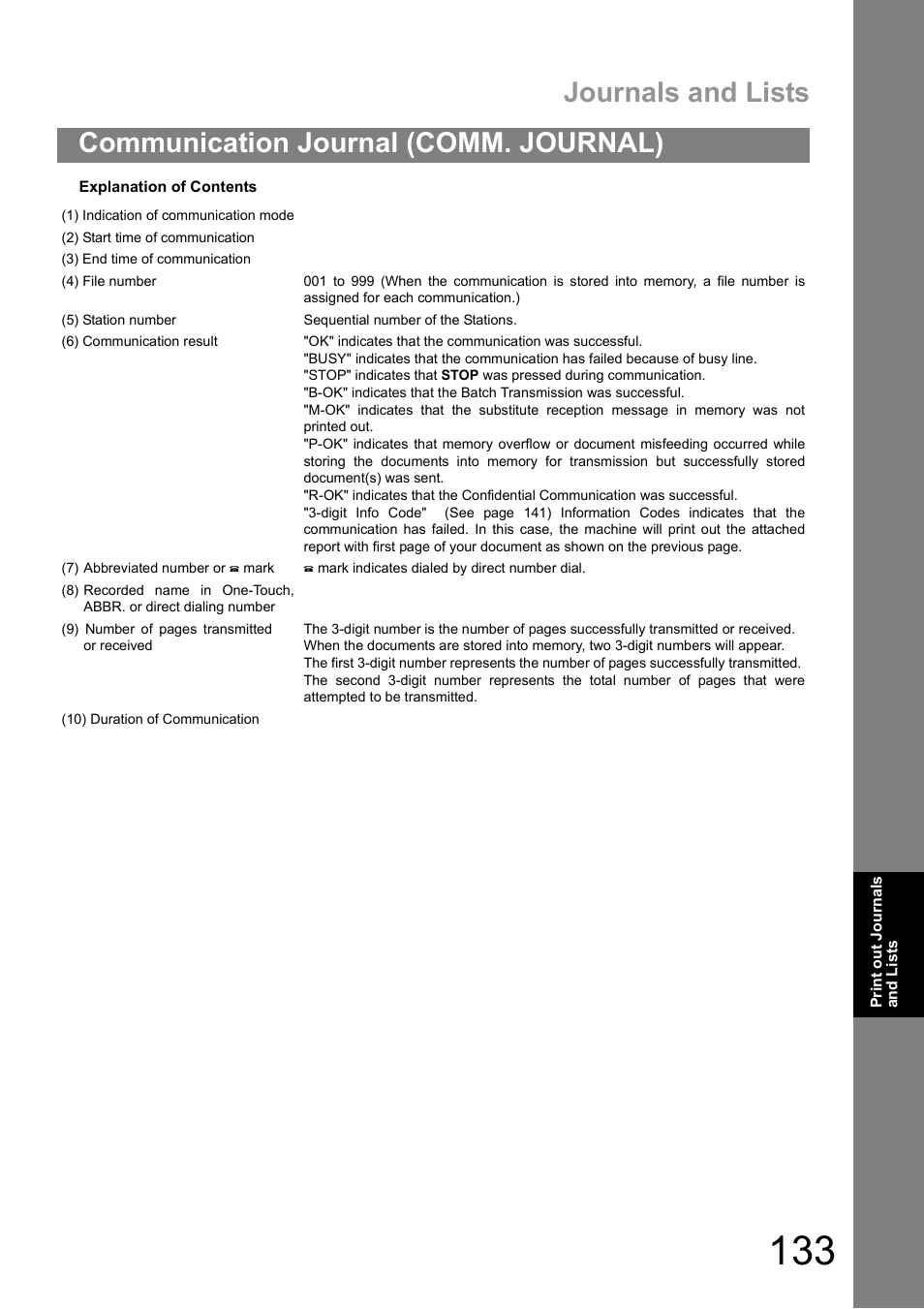 Journals and lists, Communication journal (comm. journal) | Panasonic UF-890/990 User Manual | Page 133 / 170