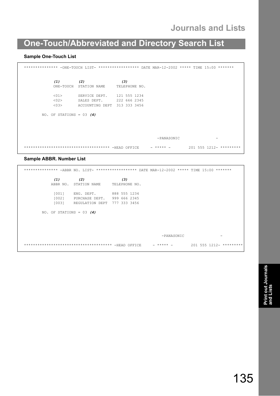 Journals and lists, One-touch/abbreviated and directory search list | Panasonic UF-890/990 User Manual | Page 135 / 170