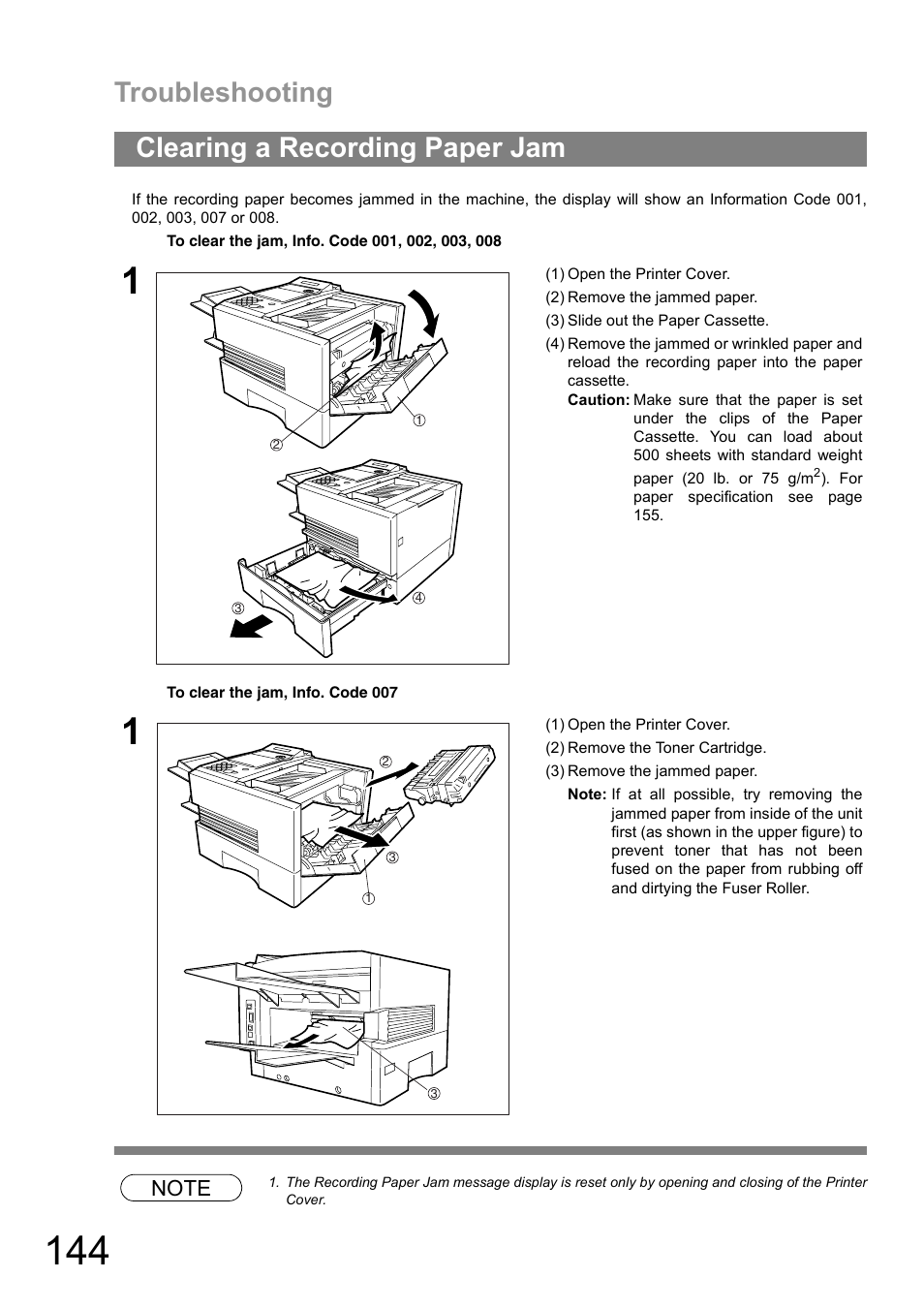 Clearing a recording paper jam, Troubleshooting | Panasonic UF-890/990 User Manual | Page 144 / 170