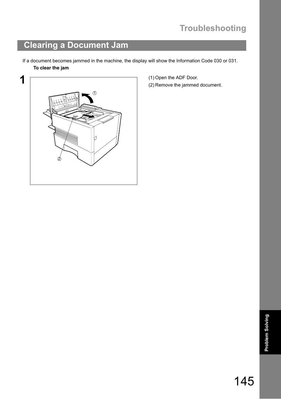Clearing a document jam, Troubleshooting | Panasonic UF-890/990 User Manual | Page 145 / 170