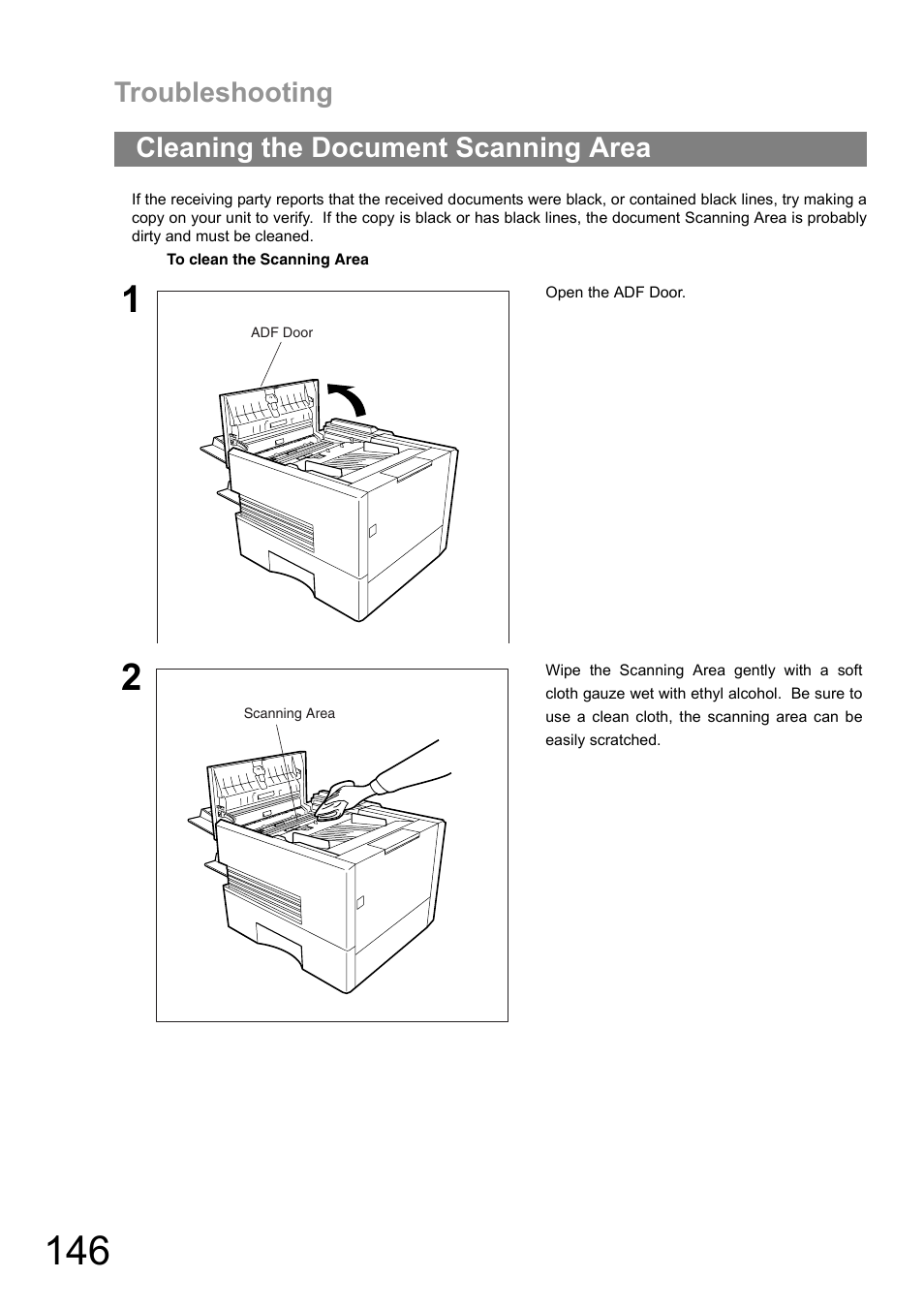 Cleaning the document scanning area, Troubleshooting | Panasonic UF-890/990 User Manual | Page 146 / 170