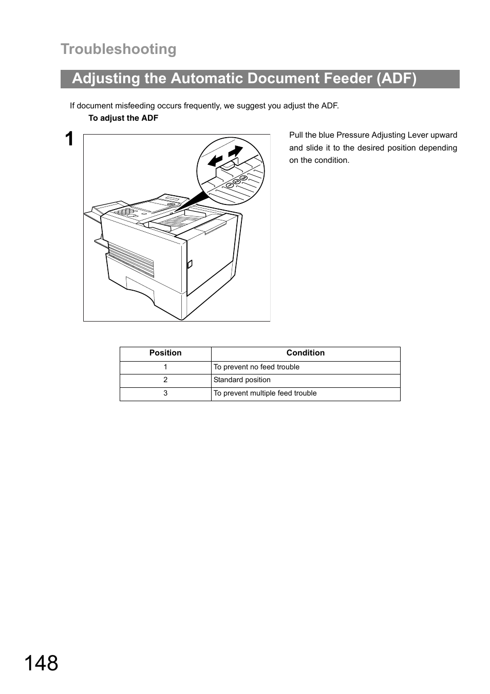 Adjusting the automatic document feeder (adf), Troubleshooting | Panasonic UF-890/990 User Manual | Page 148 / 170