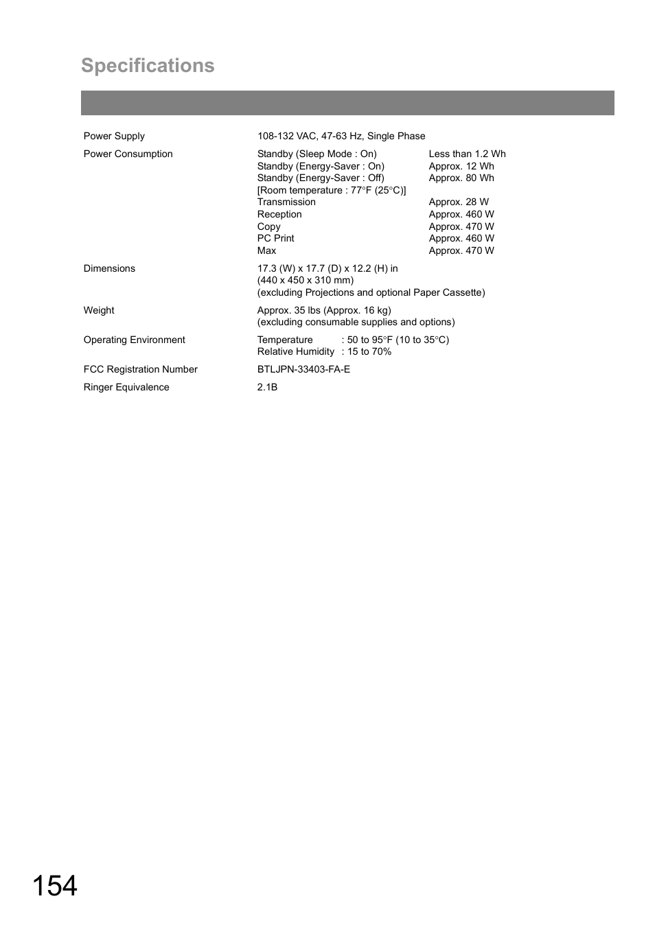 Specifications | Panasonic UF-890/990 User Manual | Page 154 / 170