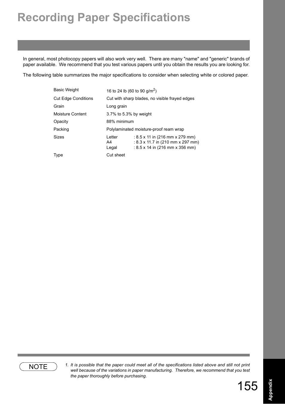 Recording, Recording paper specifications | Panasonic UF-890/990 User Manual | Page 155 / 170