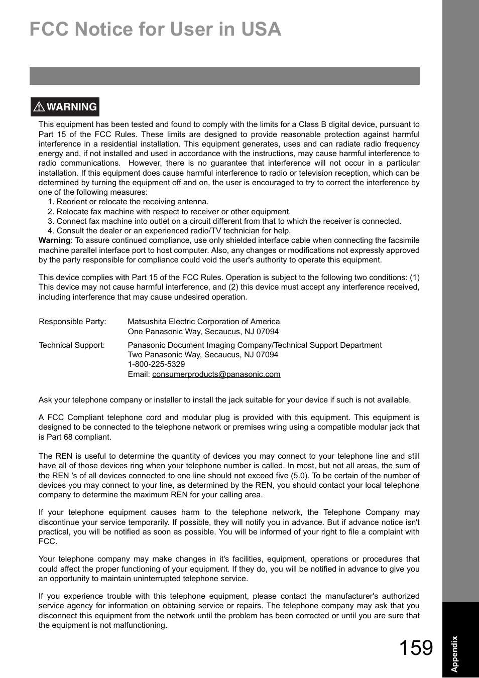 Fcc notice for user in usa | Panasonic UF-890/990 User Manual | Page 159 / 170