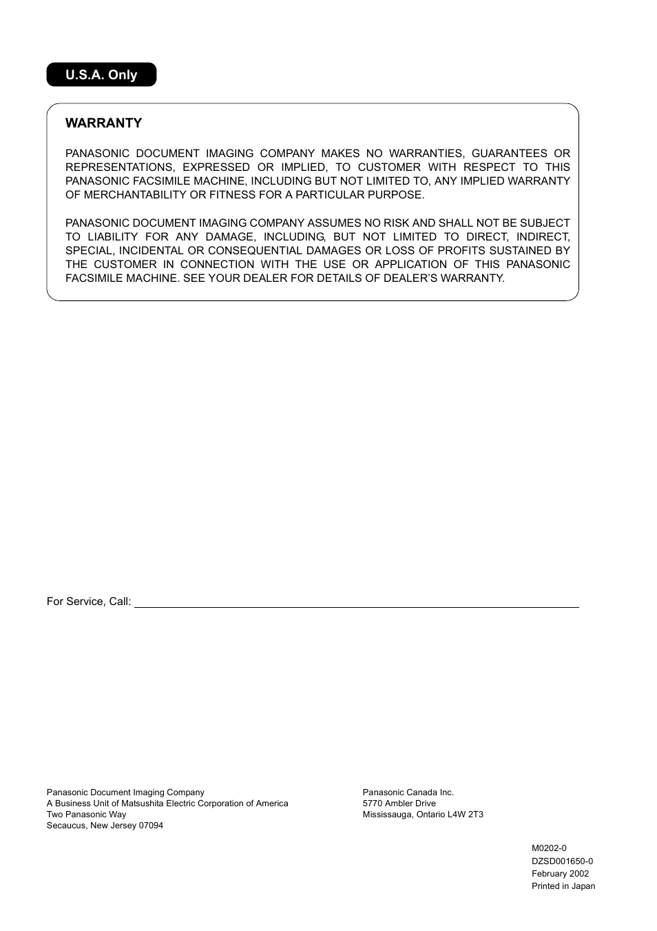 Warranty u.s.a. only | Panasonic UF-890/990 User Manual | Page 170 / 170