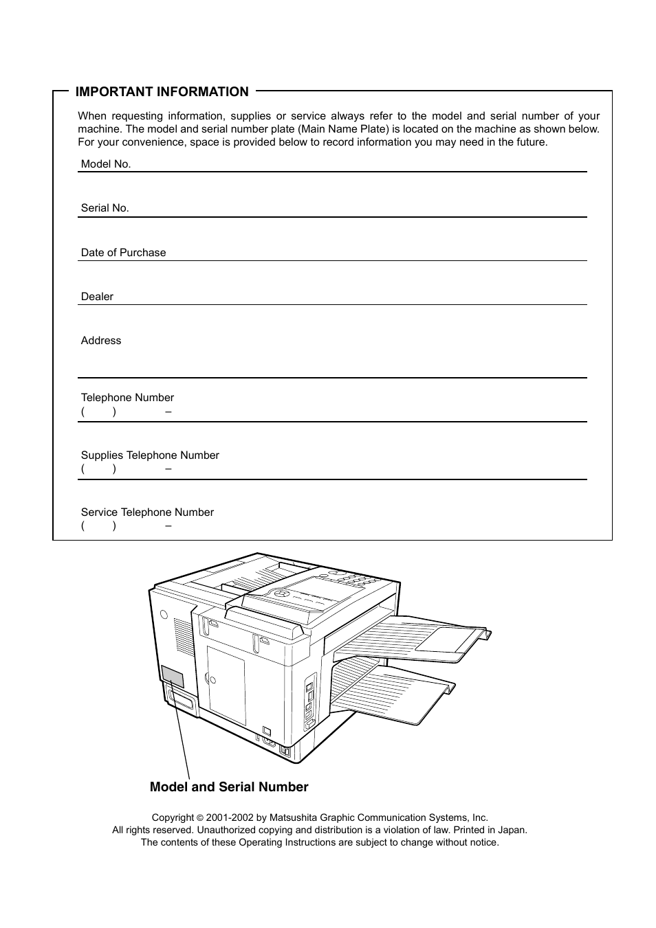 Important information, Model and serial number | Panasonic UF-890/990 User Manual | Page 2 / 170