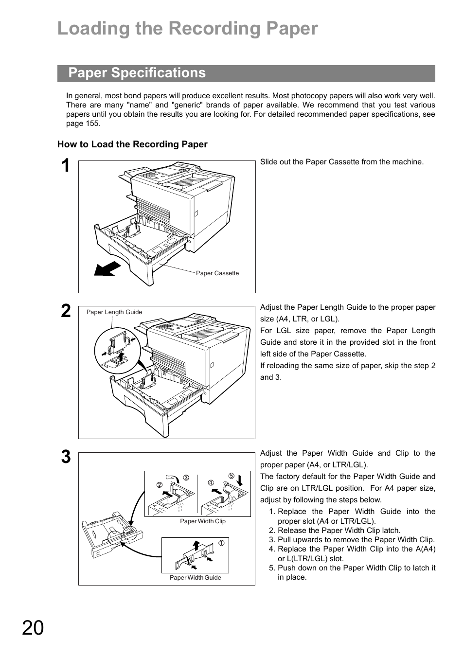 Loading the recording paper, Paper specifications | Panasonic UF-890/990 User Manual | Page 20 / 170