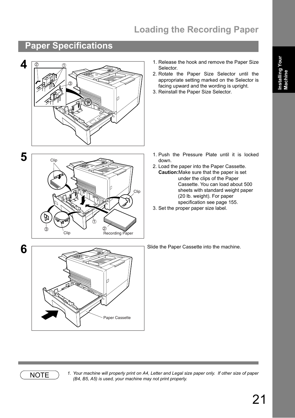 Loading the recording paper, Paper specifications | Panasonic UF-890/990 User Manual | Page 21 / 170