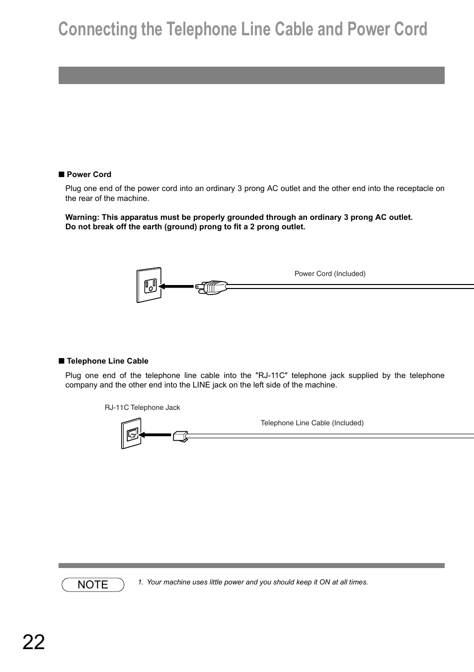 Connecting the telephone line cable and power cord | Panasonic UF-890/990 User Manual | Page 22 / 170