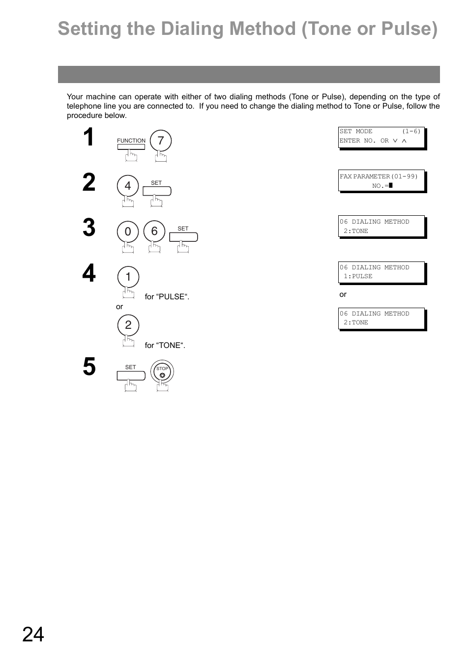 Setting the, Setting the dialing method (tone or pulse) | Panasonic UF-890/990 User Manual | Page 24 / 170