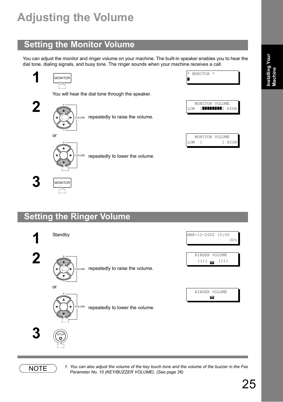 Adjusting the volume, Setting the monitor volume, Setting the ringer volume | Panasonic UF-890/990 User Manual | Page 25 / 170