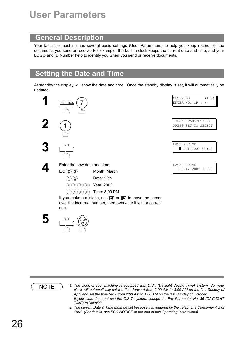 User parameters, General description, Setting the date and time | General description setting the date and time | Panasonic UF-890/990 User Manual | Page 26 / 170