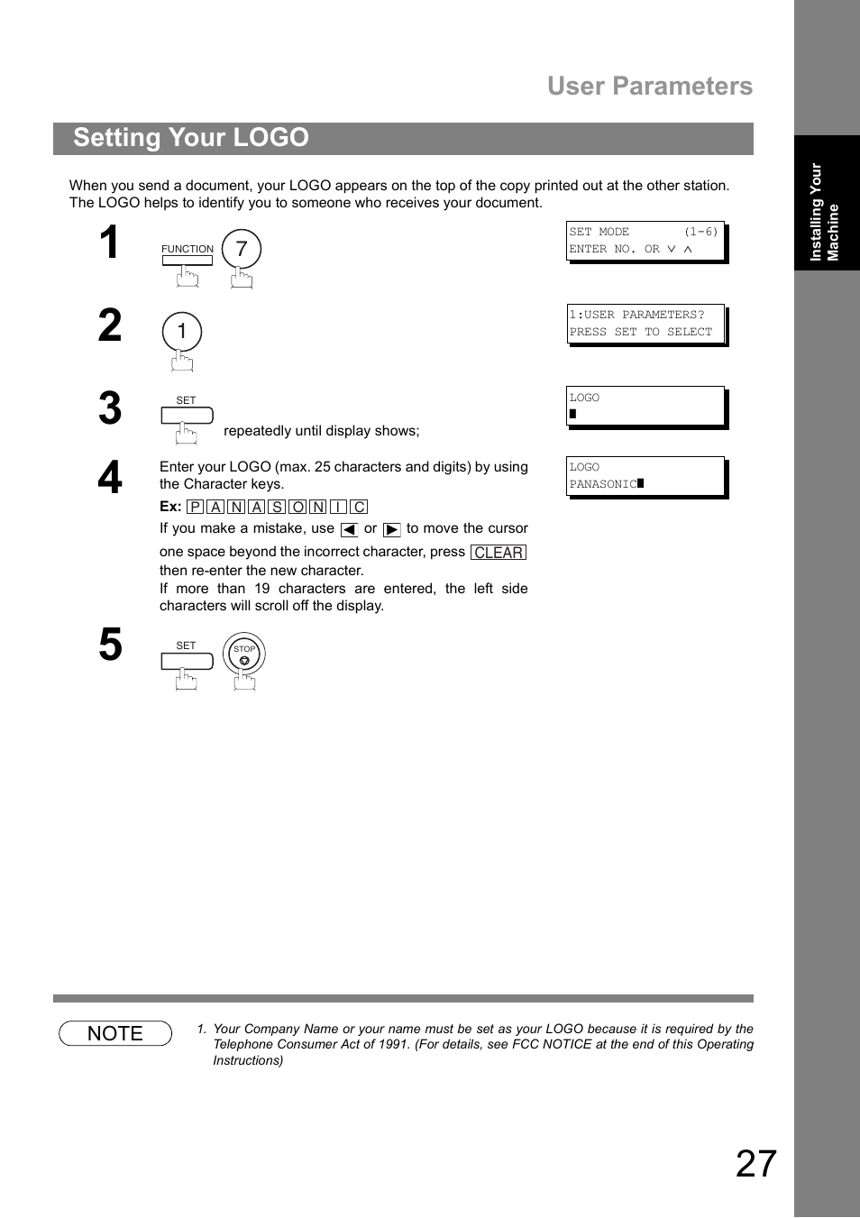 Setting your logo, User parameters | Panasonic UF-890/990 User Manual | Page 27 / 170