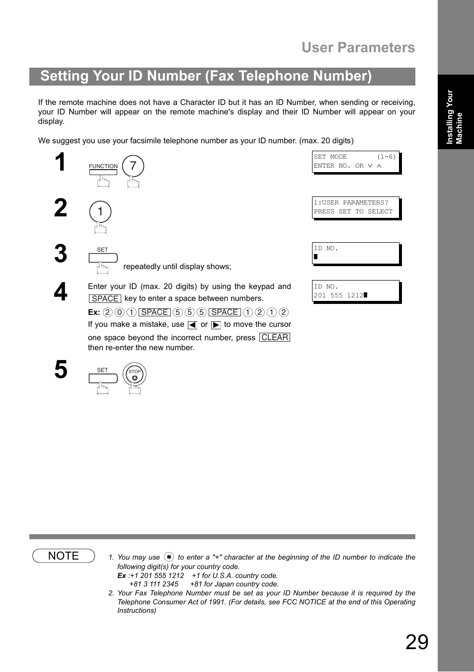 Setting your id number (fax telephone number), User parameters | Panasonic UF-890/990 User Manual | Page 29 / 170