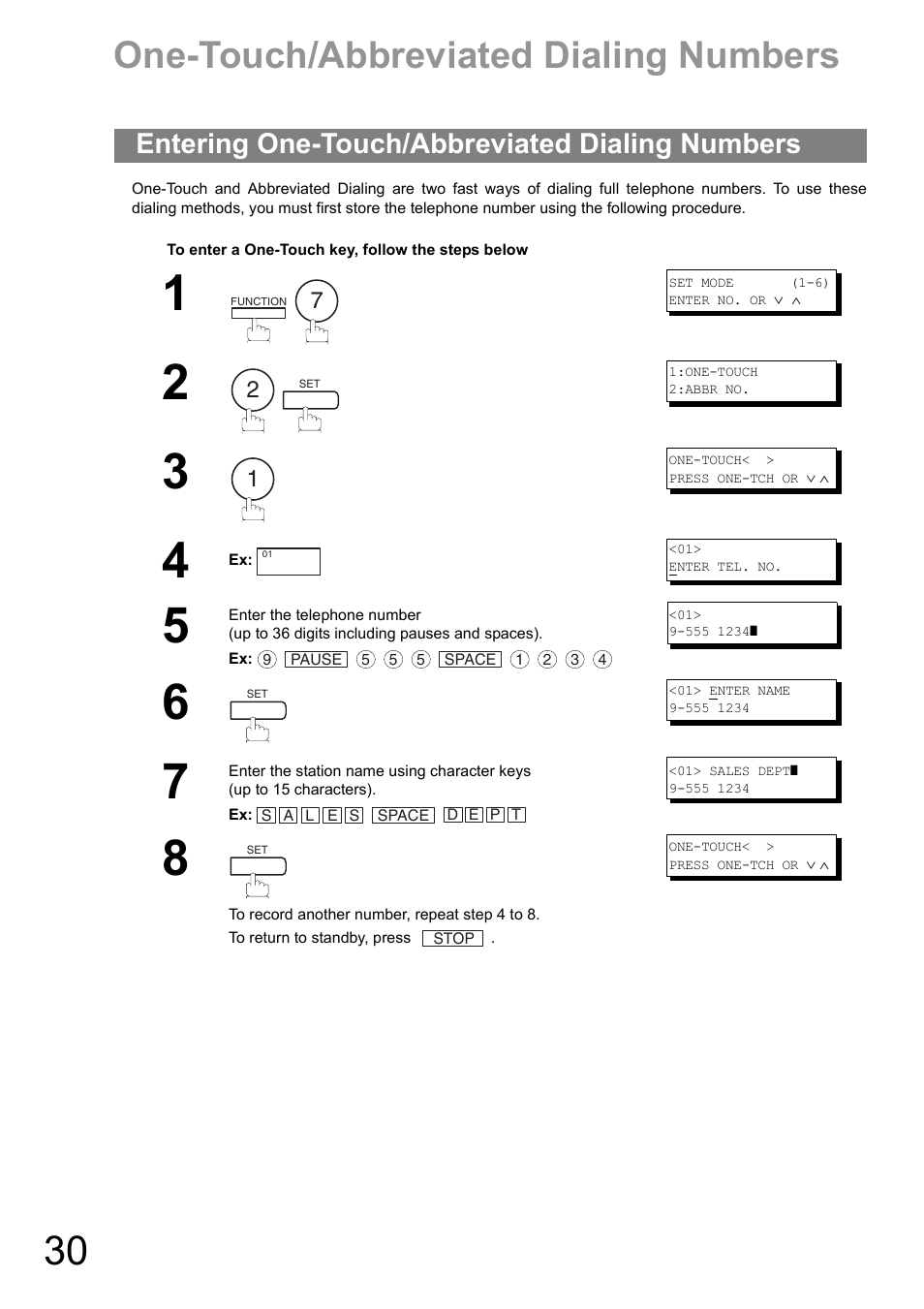 Programming your machine, One-touch/abbreviated dialing numbers, Entering one-touch/abbreviated dialing numbers | Panasonic UF-890/990 User Manual | Page 30 / 170