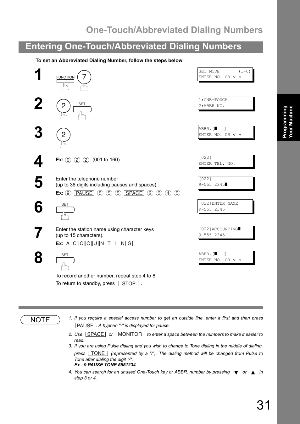 One-touch/abbreviated dialing numbers, Entering one-touch/abbreviated dialing numbers | Panasonic UF-890/990 User Manual | Page 31 / 170