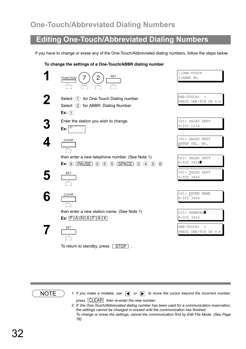Editing one-touch/abbreviated dialing numbers, One-touch/abbreviated dialing numbers | Panasonic UF-890/990 User Manual | Page 32 / 170