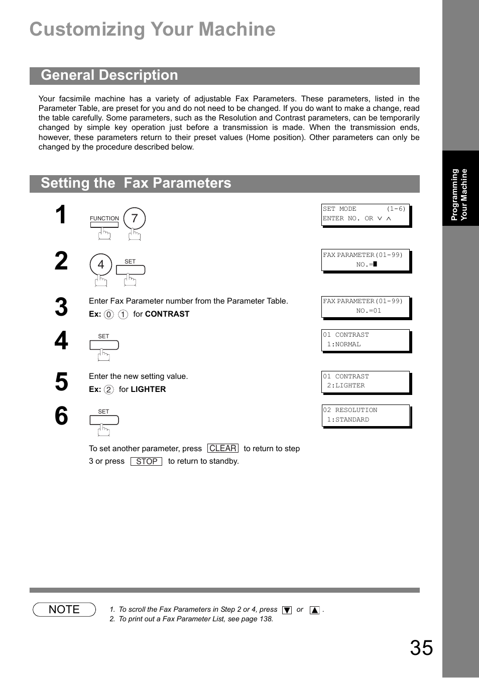 Customizing your machine, General description, Setting the fax parameters | General description setting the fax parameters | Panasonic UF-890/990 User Manual | Page 35 / 170