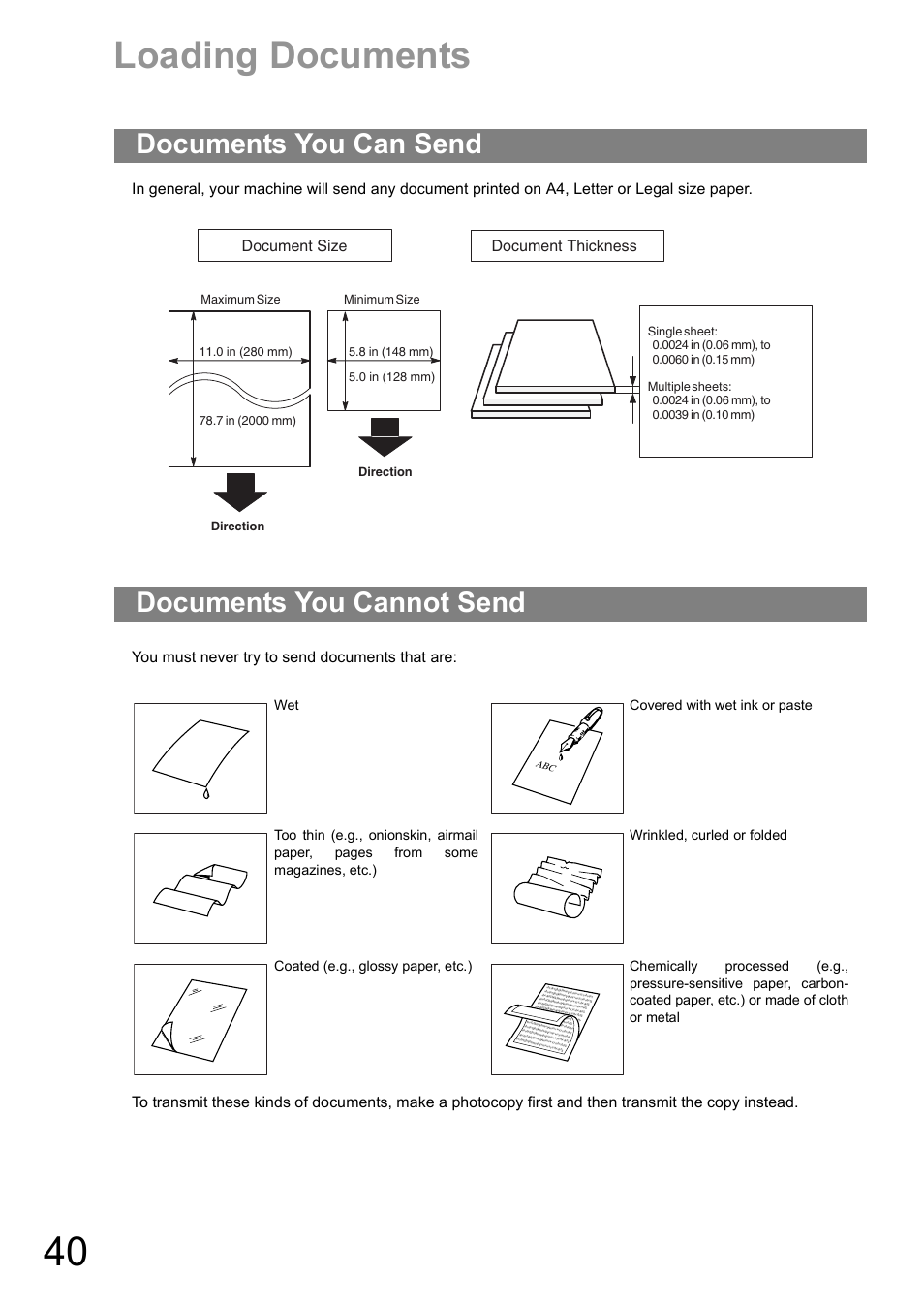 Basic operations, Loading documents, Documents you can send | Documents you cannot send, Documents you can send documents you cannot send, Document size, Document thickness | Panasonic UF-890/990 User Manual | Page 40 / 170