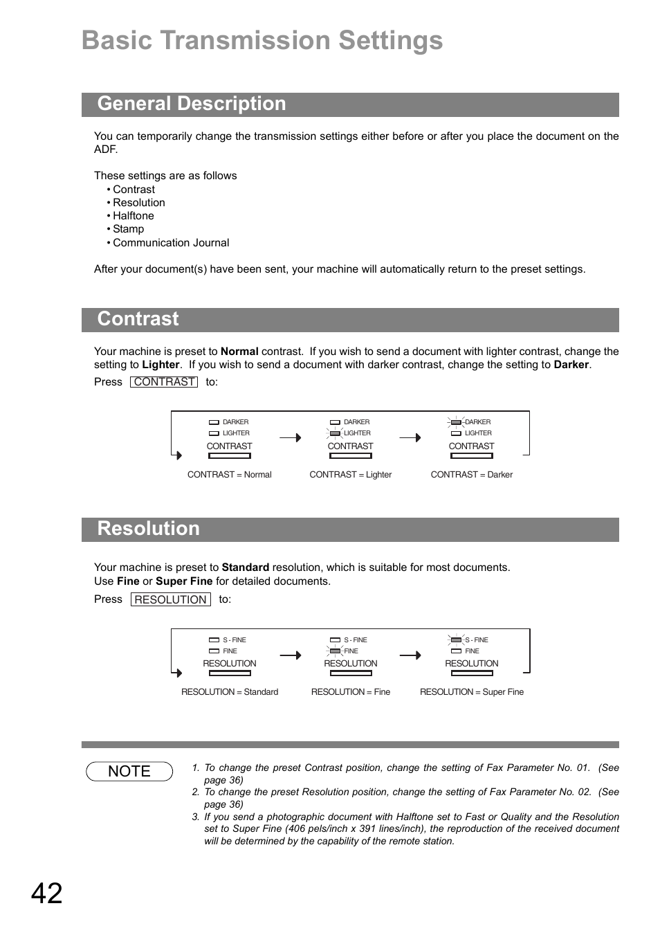 Basic transmission settings, General description, Contrast | Resolution, General description contrast resolution | Panasonic UF-890/990 User Manual | Page 42 / 170
