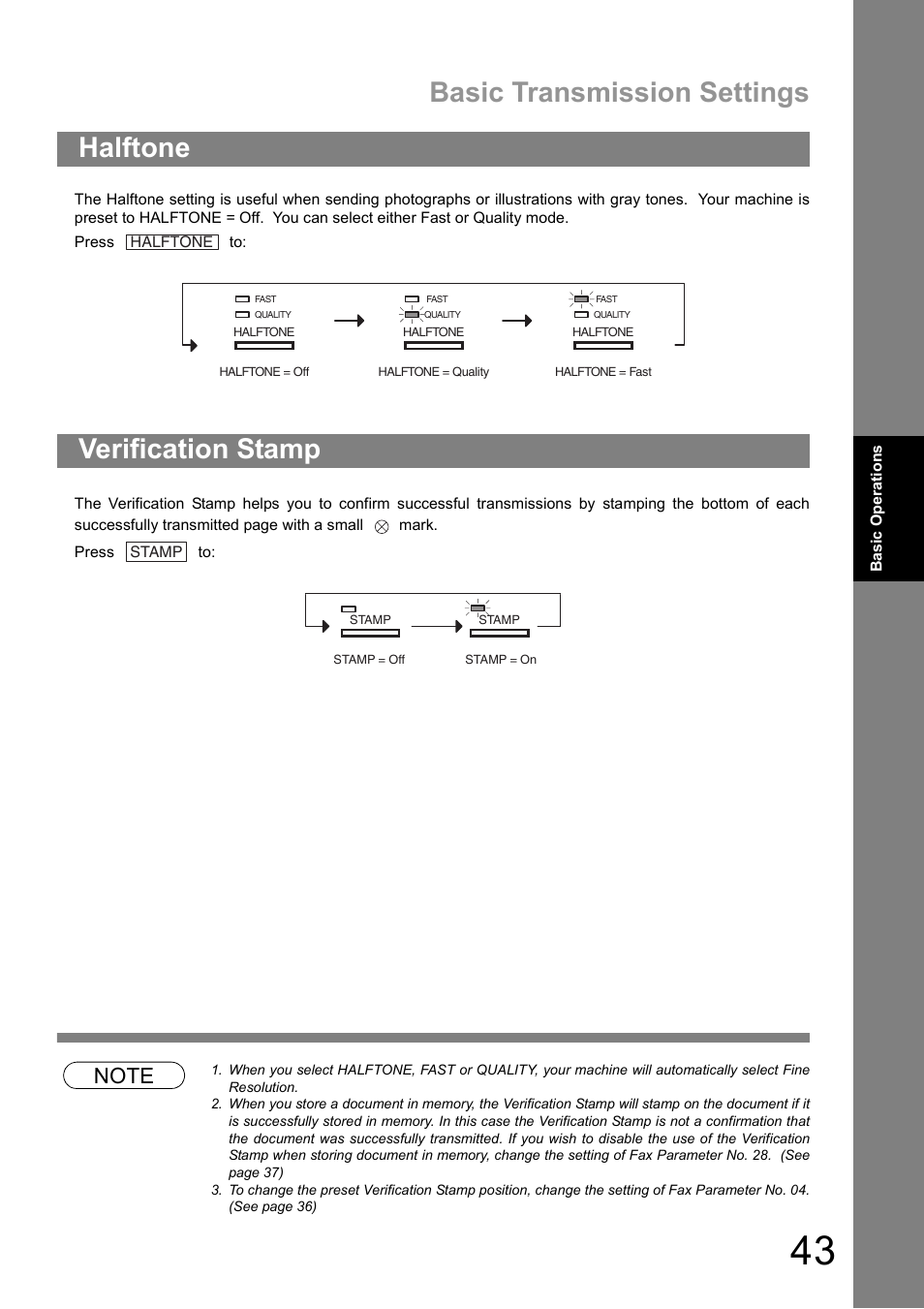 Halftone, Verification stamp, Halftone verification stamp | Basic transmission settings | Panasonic UF-890/990 User Manual | Page 43 / 170
