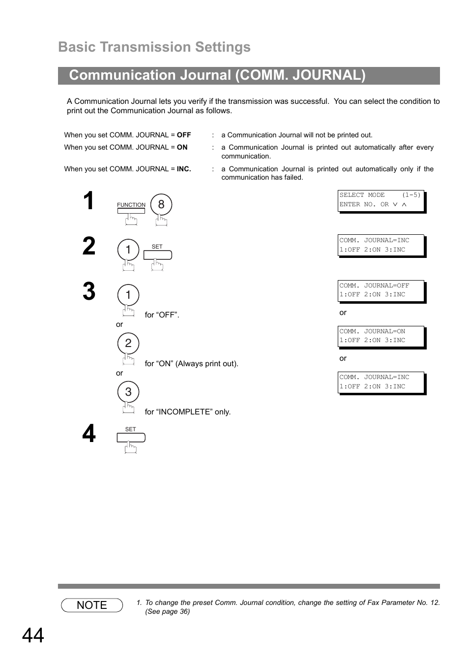 Communication journal (comm. journal), Basic transmission settings | Panasonic UF-890/990 User Manual | Page 44 / 170