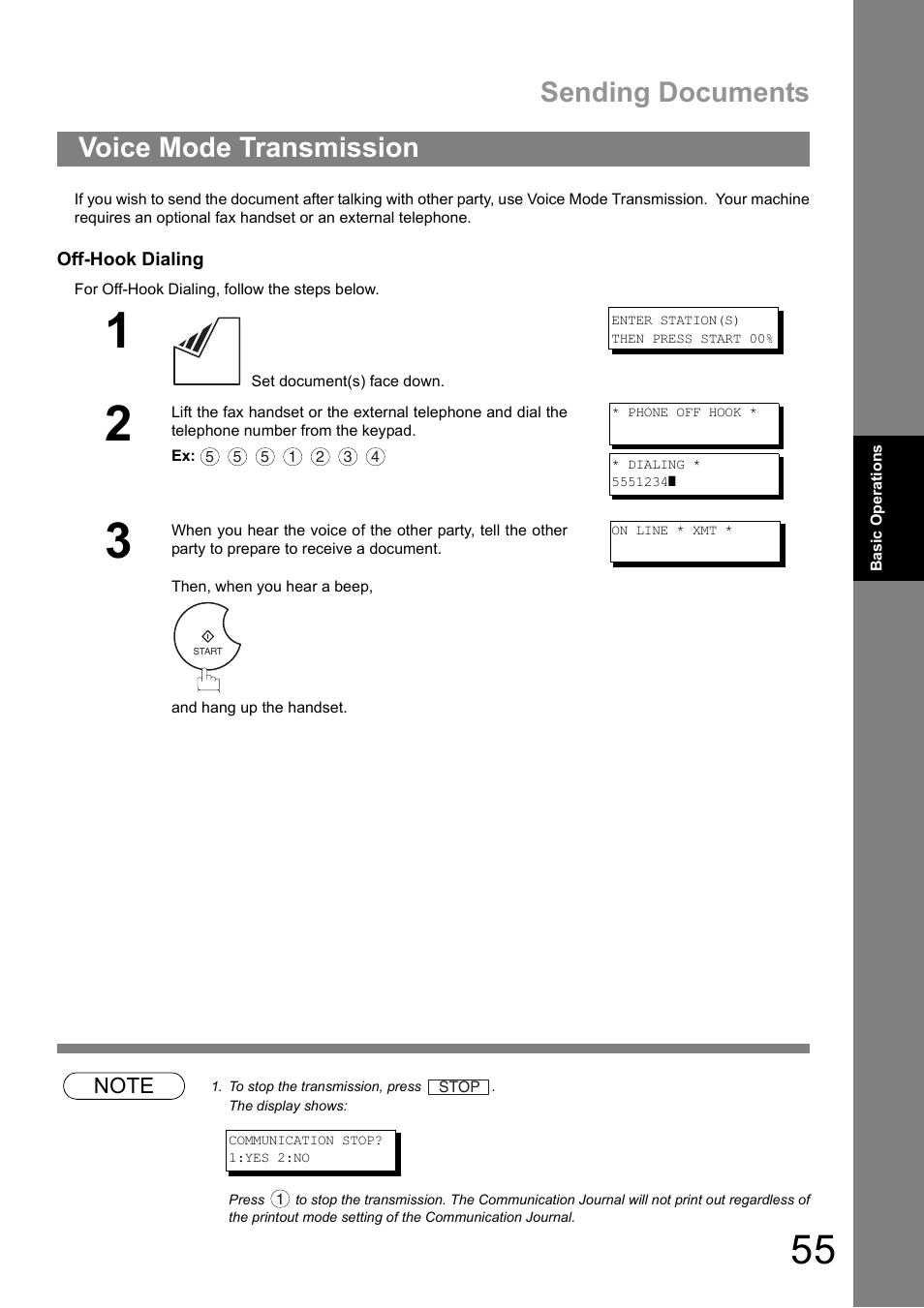 Voice mode transmission, Sending documents | Panasonic UF-890/990 User Manual | Page 55 / 170