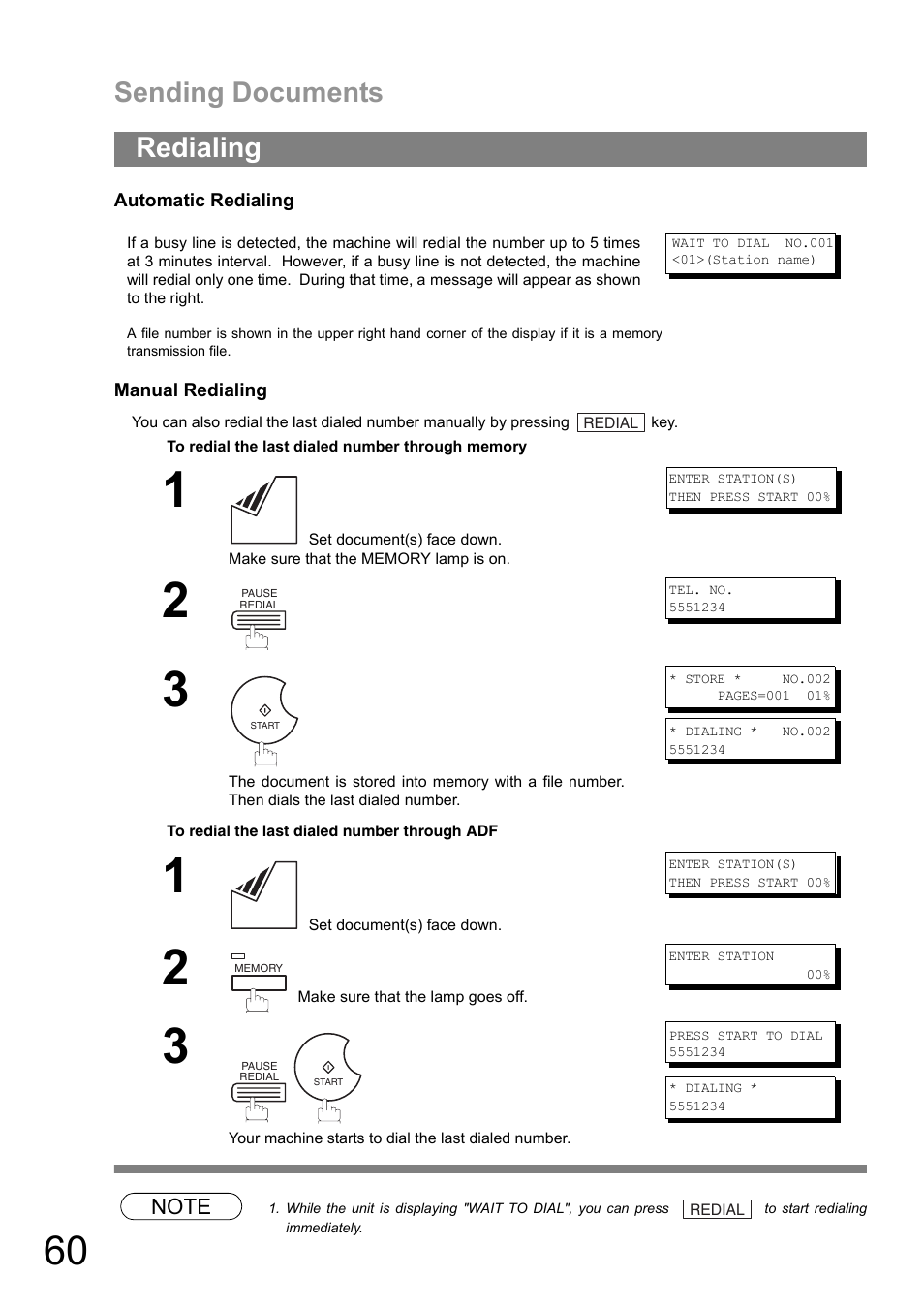 Redialing, Sending documents | Panasonic UF-890/990 User Manual | Page 60 / 170