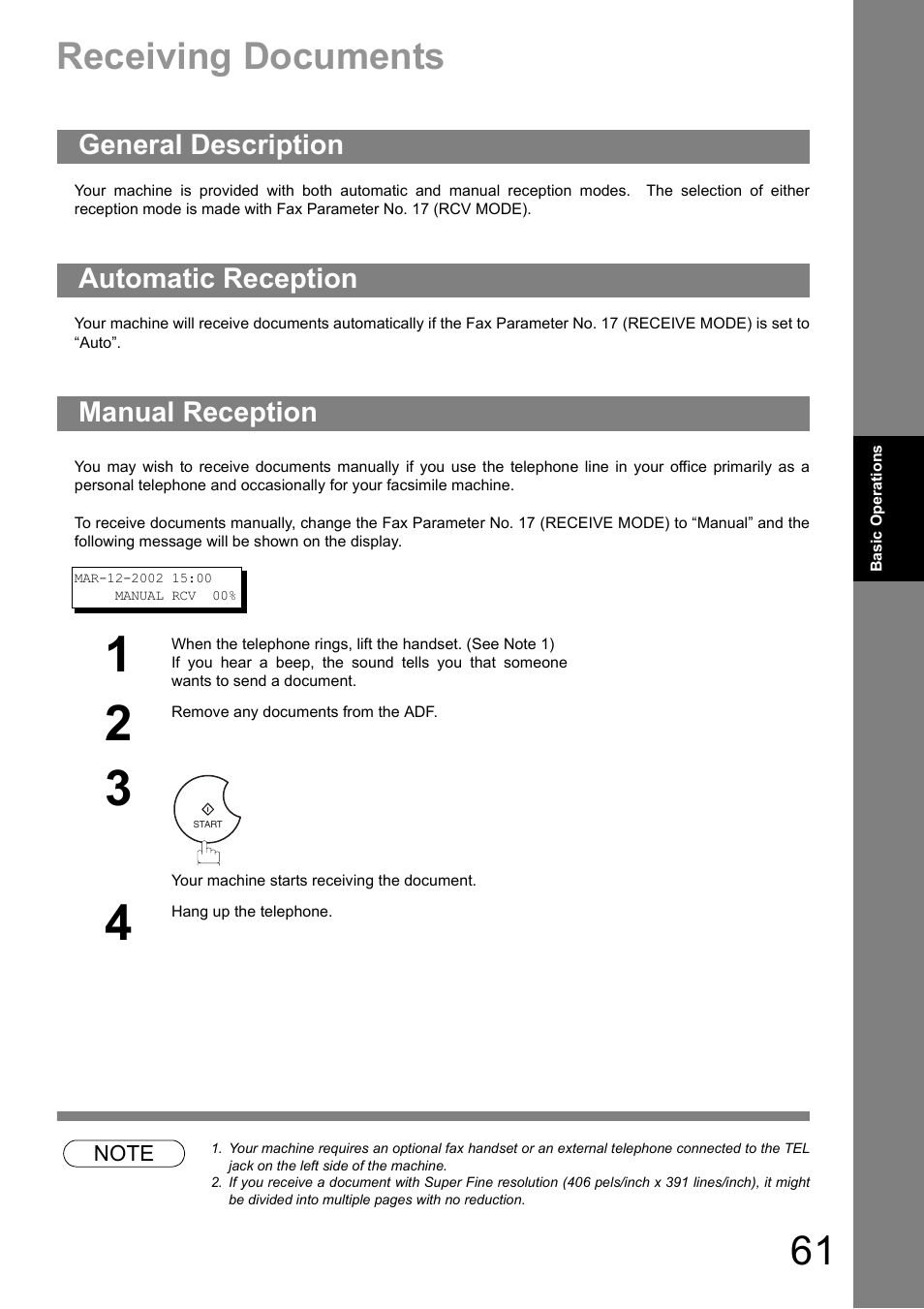 Receiving documents, General description, Automatic reception | Manual reception | Panasonic UF-890/990 User Manual | Page 61 / 170