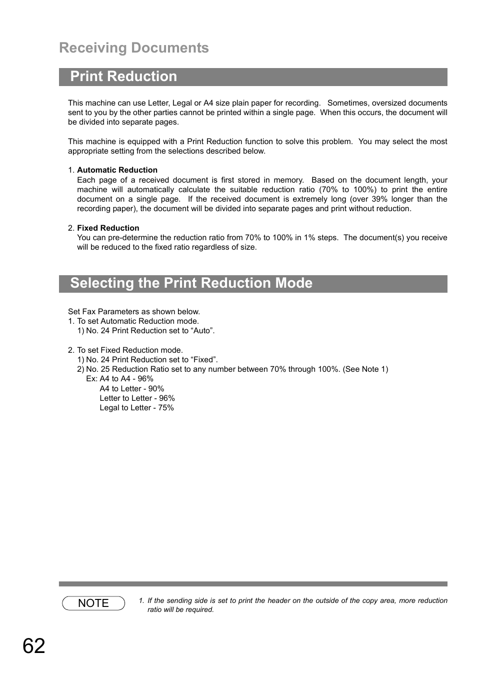 Print reduction, Selecting the print reduction mode, Print reduction selecting the print reduction mode | Receiving documents | Panasonic UF-890/990 User Manual | Page 62 / 170