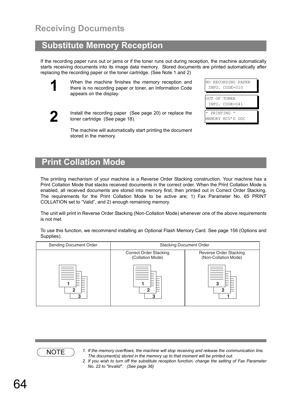 Substitute memory reception, Print collation mode, Substitute memory reception print collation mode | Receiving documents | Panasonic UF-890/990 User Manual | Page 64 / 170
