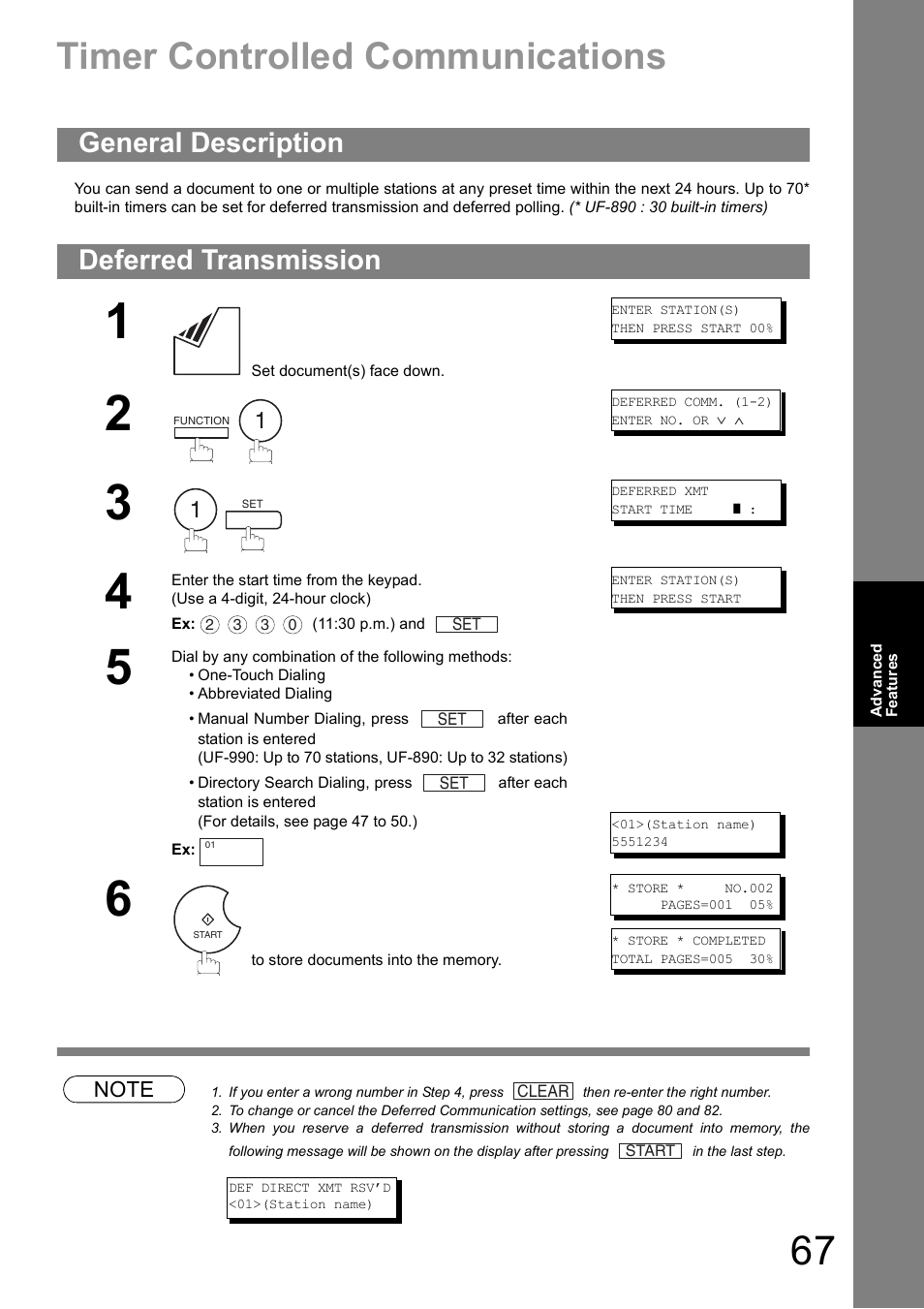 Timer controlled communications, General description, Deferred transmission | General description deferred transmission | Panasonic UF-890/990 User Manual | Page 67 / 170