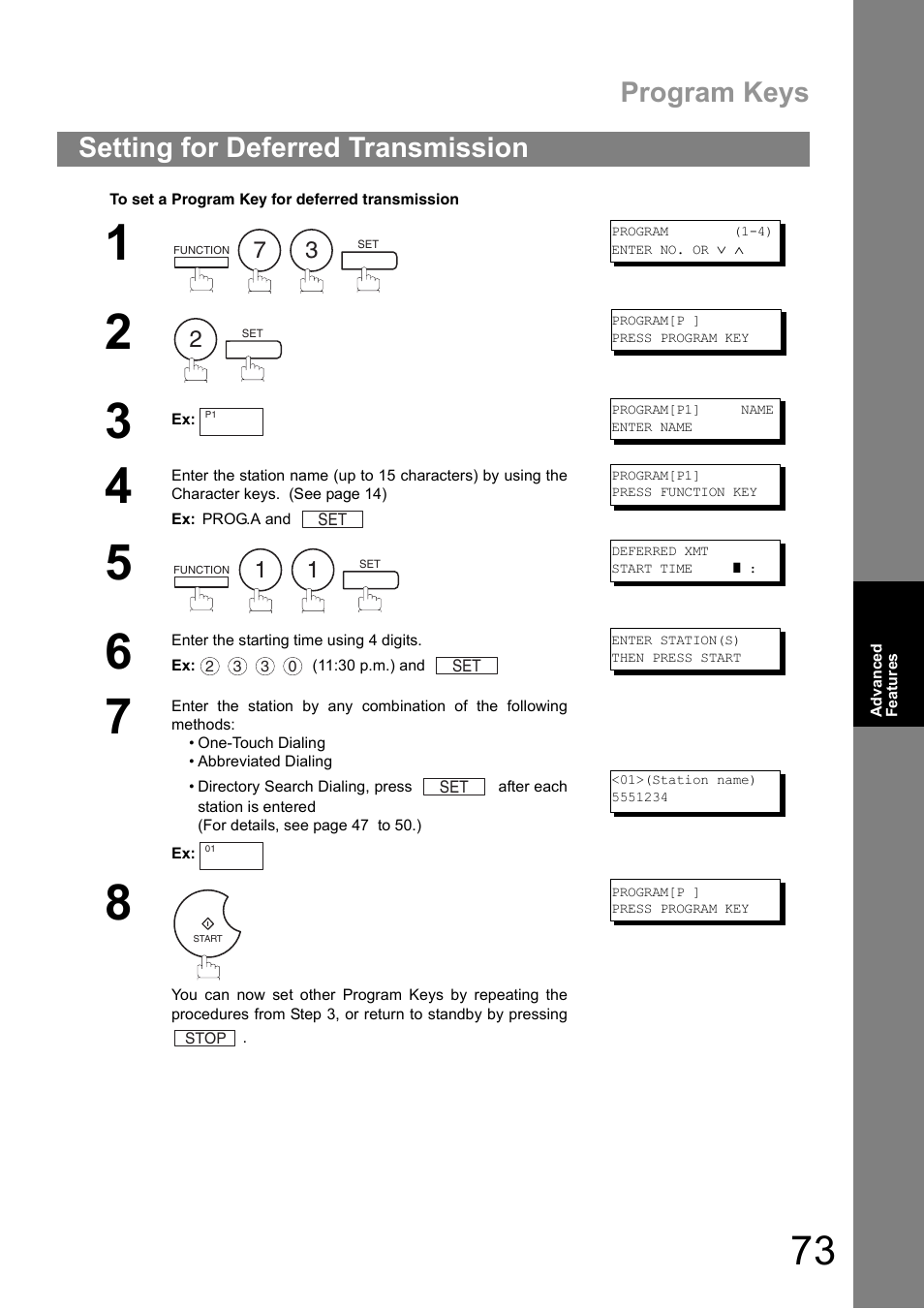 Setting for deferred transmission, Program keys | Panasonic UF-890/990 User Manual | Page 73 / 170