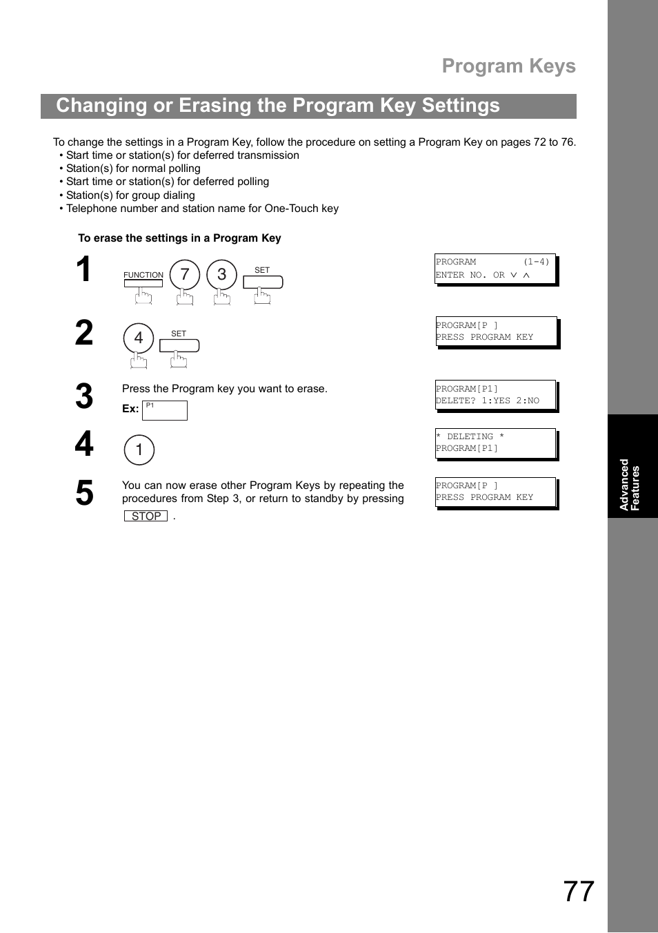 Changing or erasing the program key settings, Program keys | Panasonic UF-890/990 User Manual | Page 77 / 170