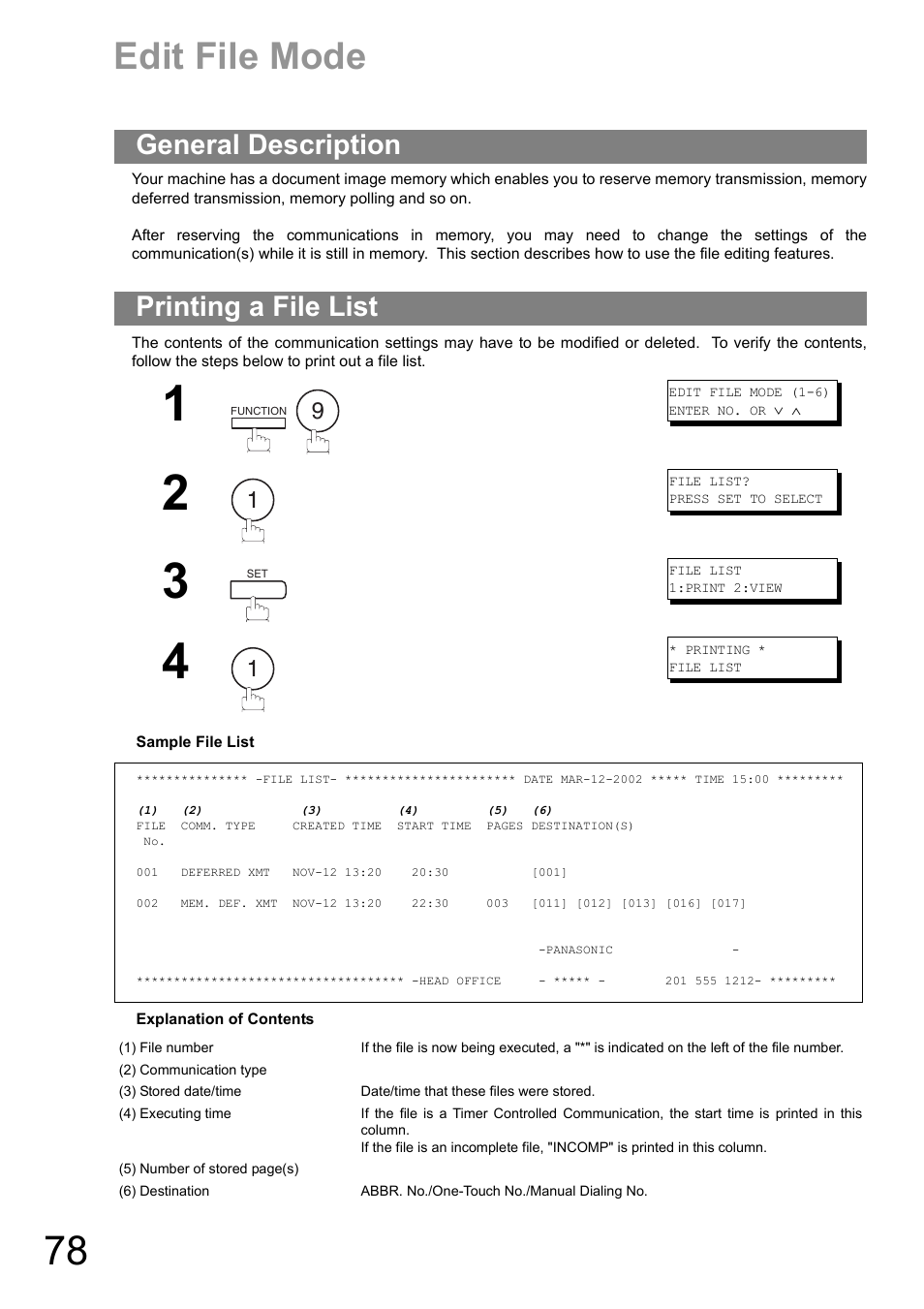 Edit file mode, General description, Printing a file list | General description printing a file list | Panasonic UF-890/990 User Manual | Page 78 / 170