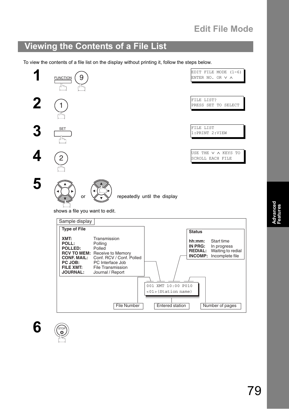 Viewing the contents of a file list, Edit file mode | Panasonic UF-890/990 User Manual | Page 79 / 170