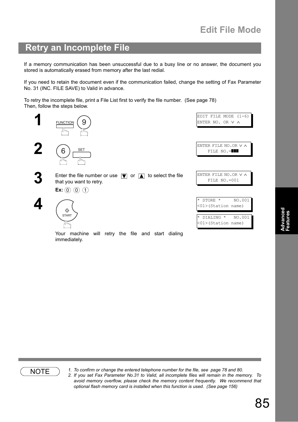 Retry an incomplete file, E 85, Edit file mode | Panasonic UF-890/990 User Manual | Page 85 / 170