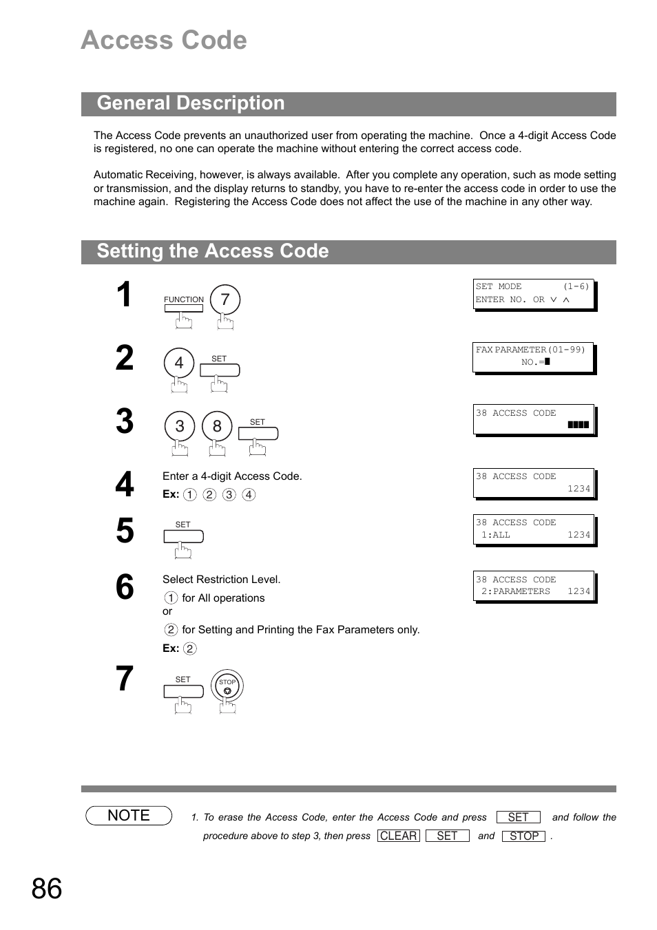 Access code, General description, Setting the access code | General description setting the access code | Panasonic UF-890/990 User Manual | Page 86 / 170