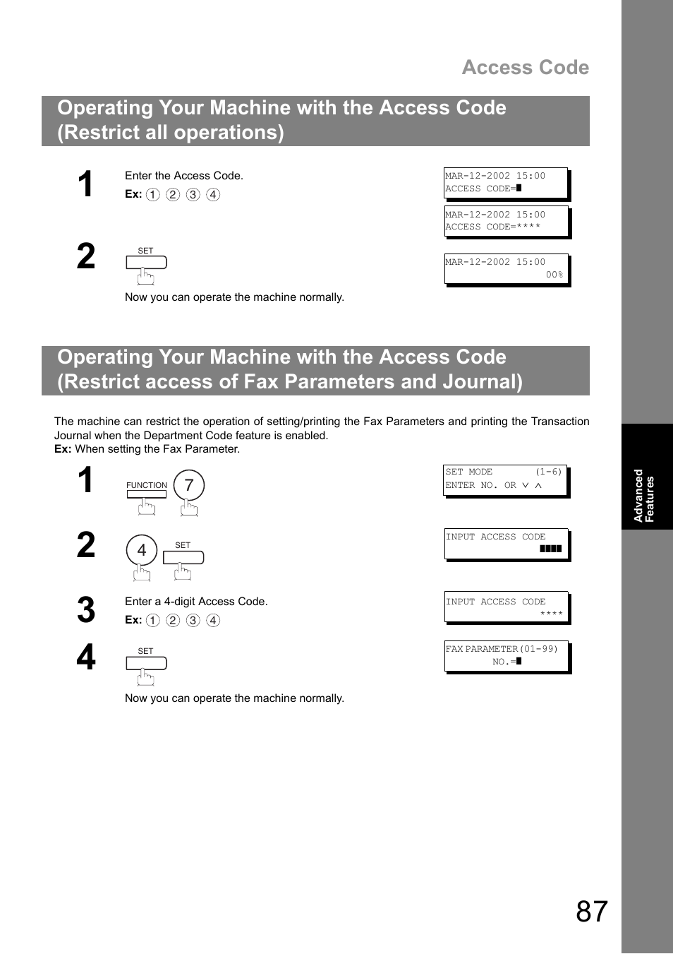Access code | Panasonic UF-890/990 User Manual | Page 87 / 170