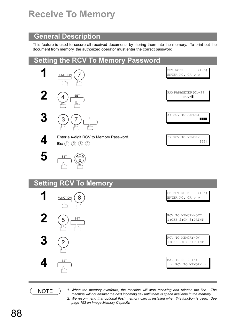 Receive to memory, General description, Setting the rcv to memory password | Setting rcv to memory | Panasonic UF-890/990 User Manual | Page 88 / 170