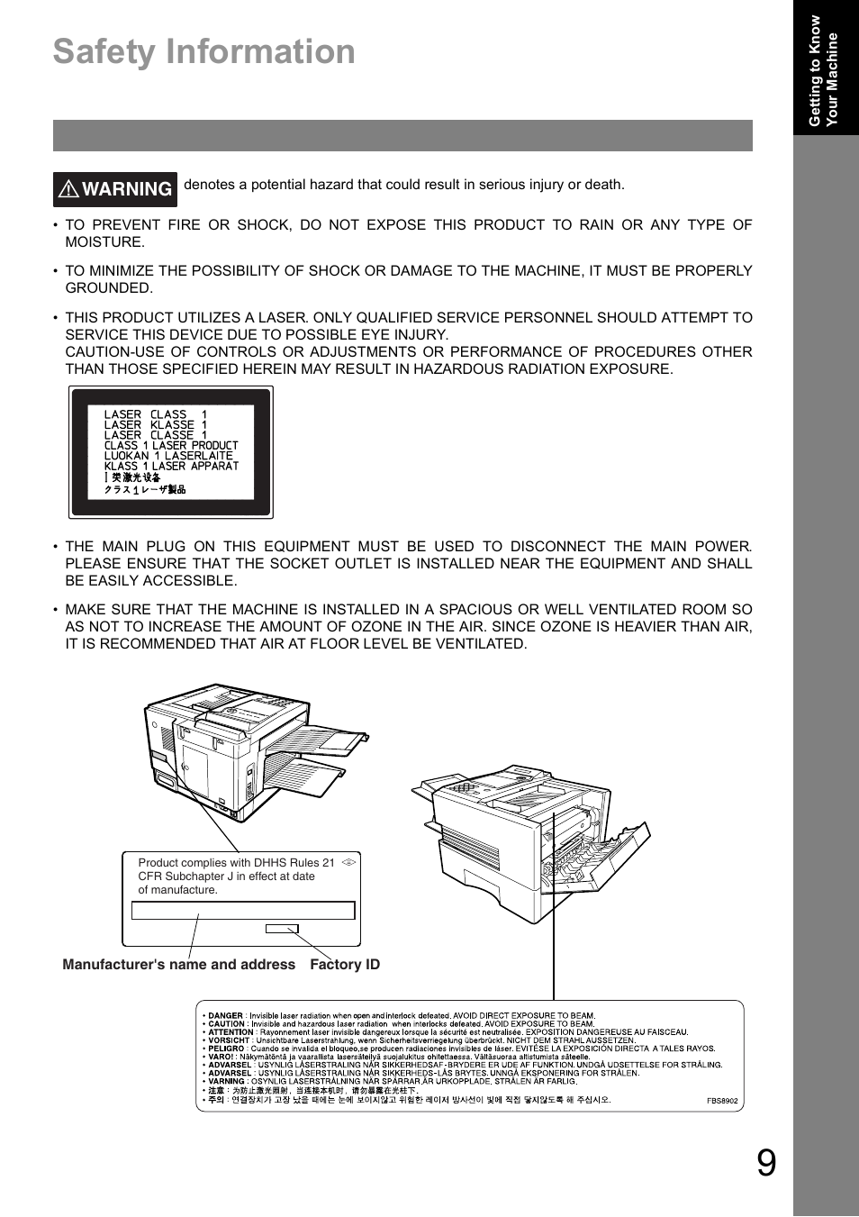 Getting to know your machine, Safety information | Panasonic UF-890/990 User Manual | Page 9 / 170