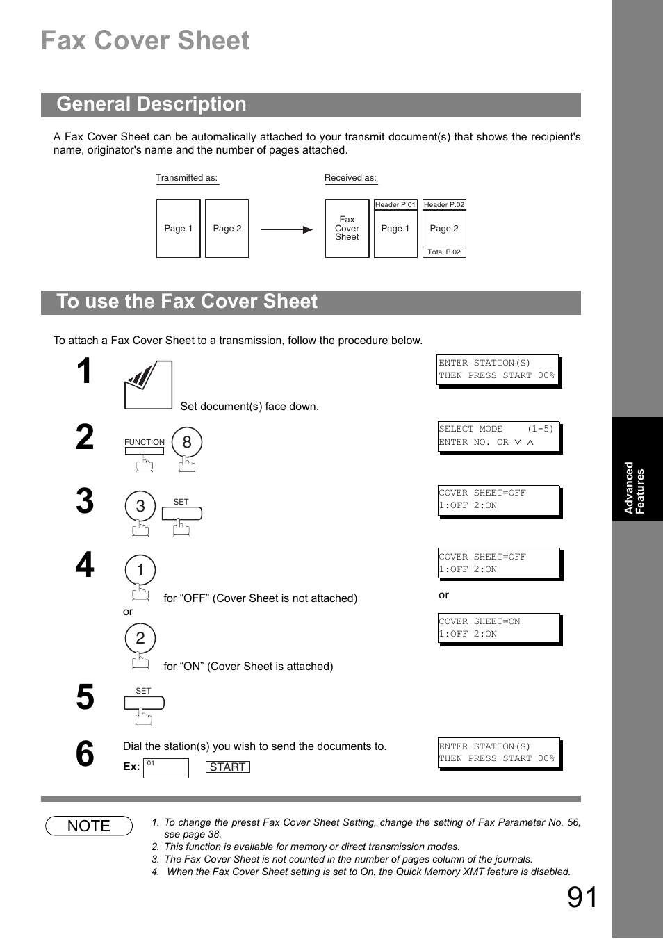 General description, To use the fax cover sheet, Fax cover sheet | General description to use the fax cover sheet | Panasonic UF-890/990 User Manual | Page 91 / 170