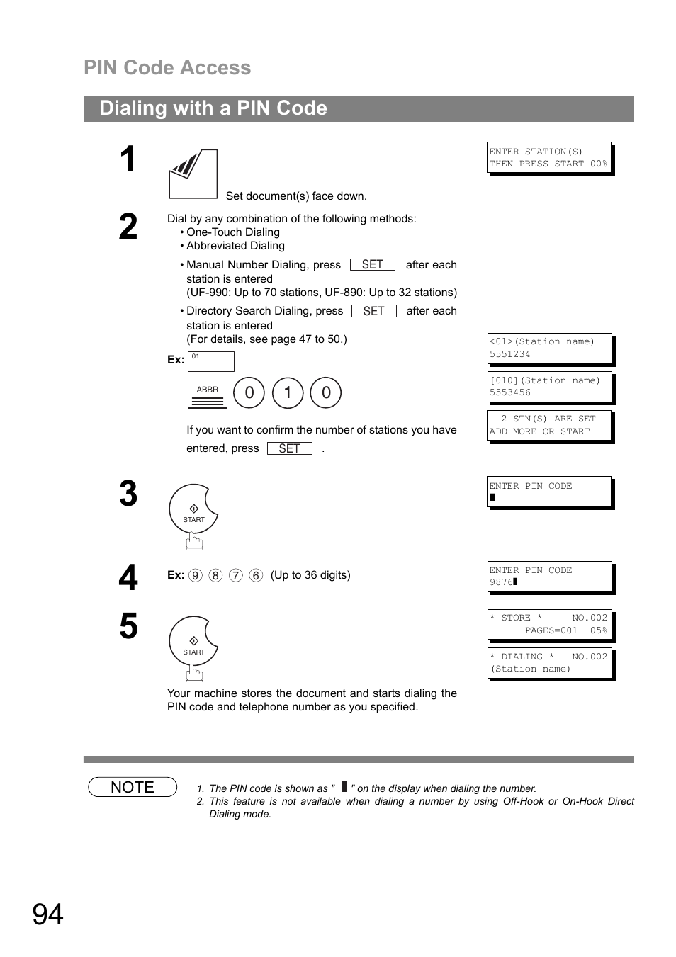 Dialing with a pin code, Pin code access | Panasonic UF-890/990 User Manual | Page 94 / 170